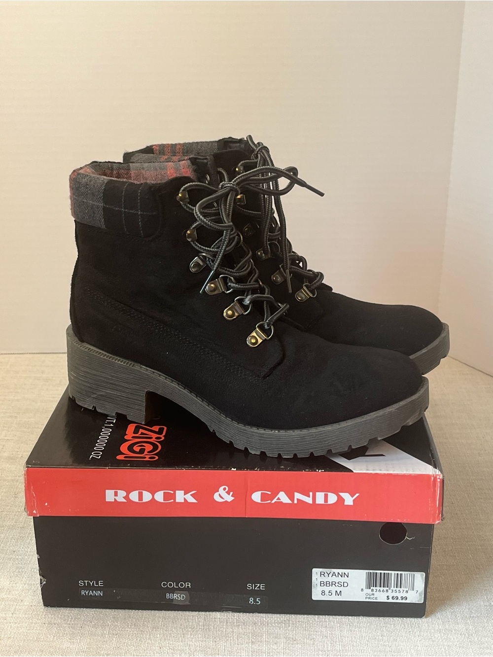 Rock & Candy Black Lace-Up Ankle Boots with Plaid Cuff